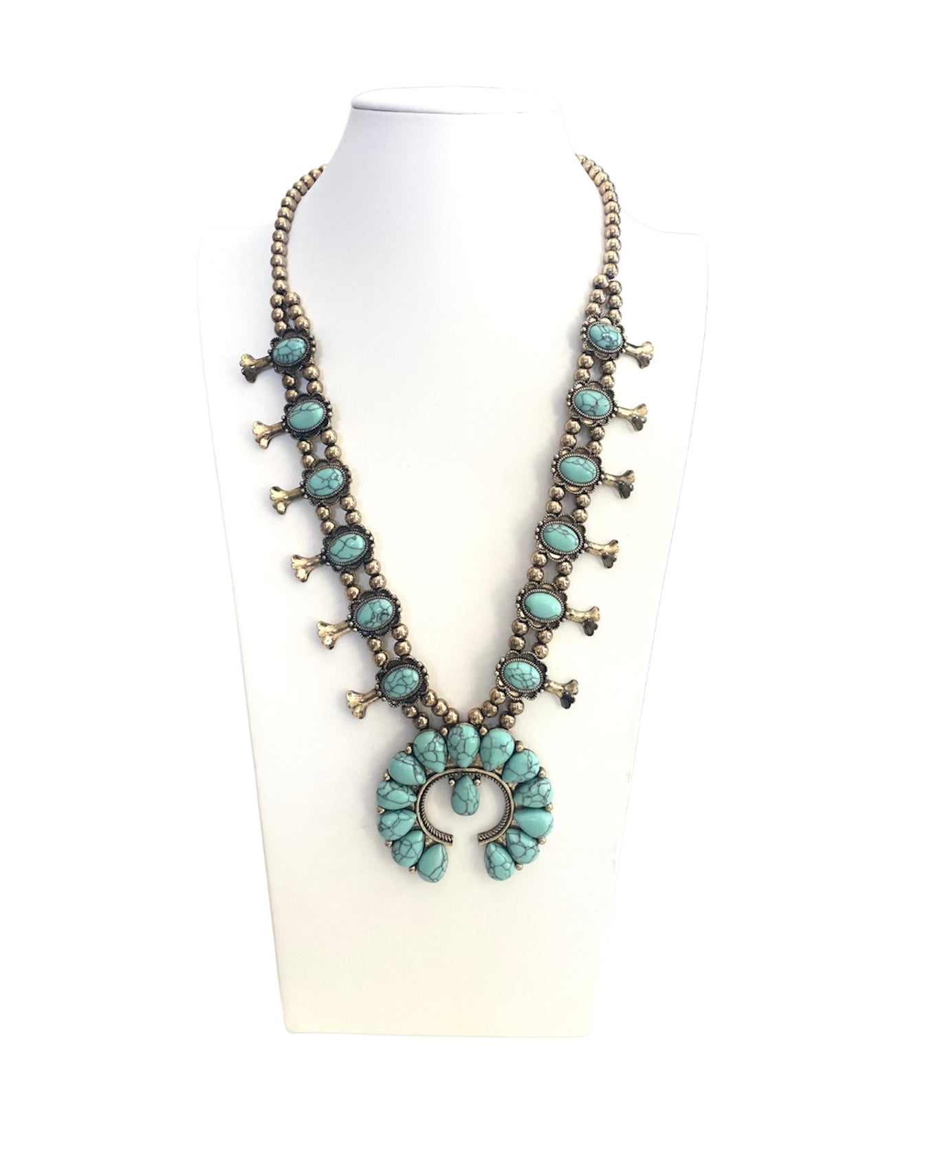 Squash Blossom Turquoise and Burnt Gold Necklace