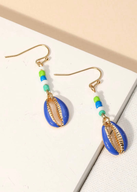 Enamel Cowrie Shell Drop Earrings- Blue