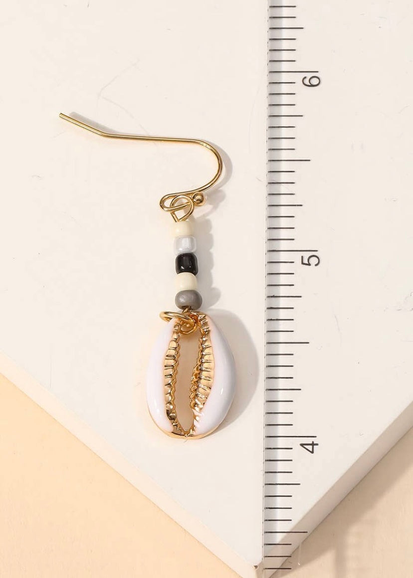 Enamel Cowrie Shell Drop Earrings- White