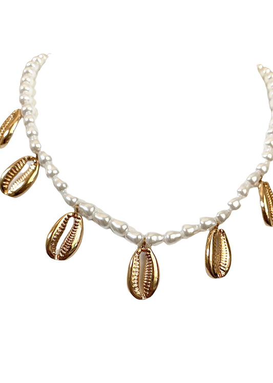 Pearl and Gold Cowrie Shell Necklace