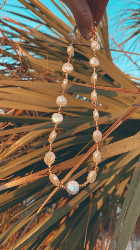 Coin Pearl and Gold Seed Bead Necklace