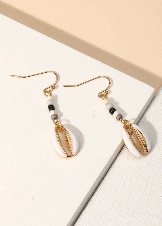 Enamel Cowrie Shell Drop Earrings- White