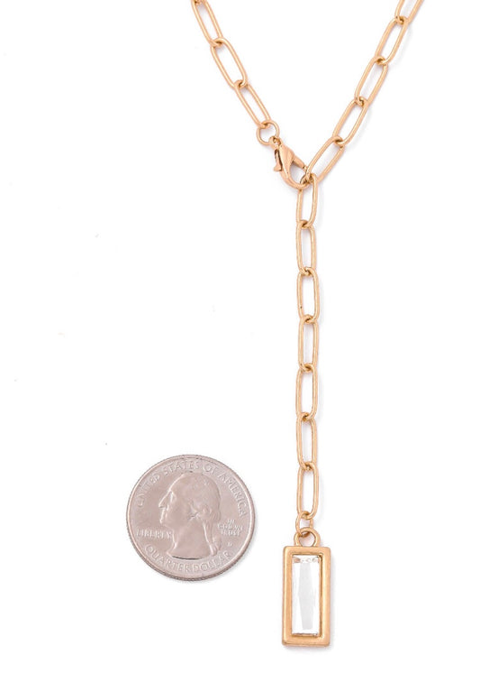 Gold Rhinestone Bar Pendant Lariat Necklace