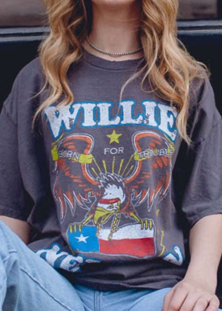 Willie Nelson Born For Trouble Dark Gray Thrifted Tee