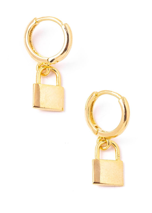 Gold Lock Charm Huggie Hoop Earrings