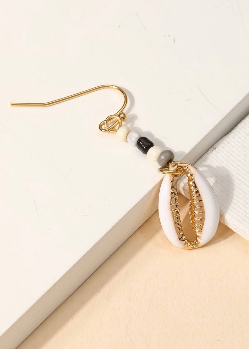 Enamel Cowrie Shell Drop Earrings- White