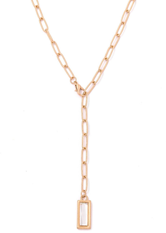 Gold Rhinestone Bar Pendant Lariat Necklace