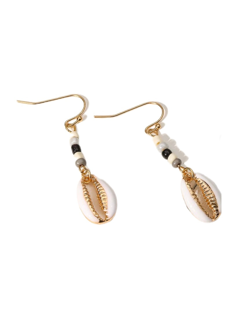 Enamel Cowrie Shell Drop Earrings- White